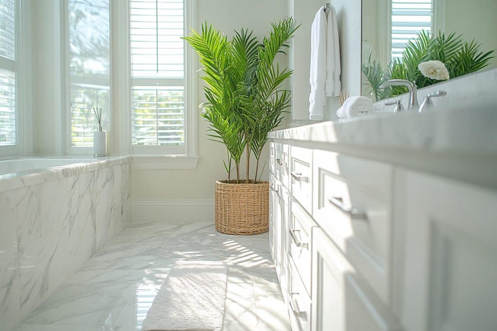 A bathroom with windows and plants