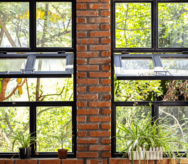 Brick wall windows with plants