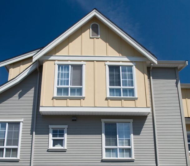 Modern house facade with blue sky.