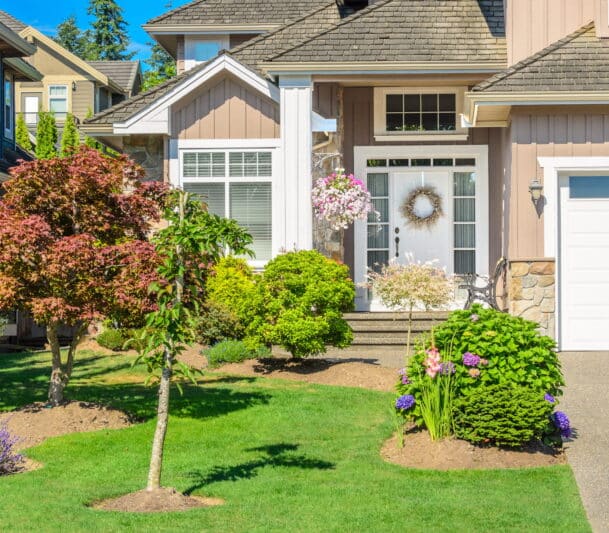 Front yard with colorful garden.