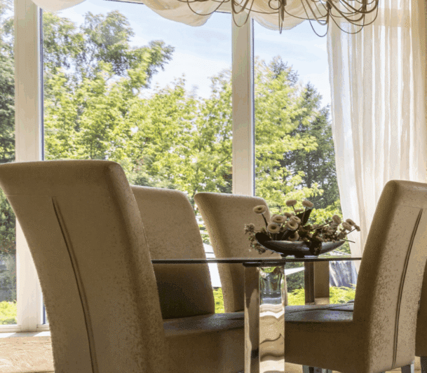 Elegant dining room with garden view.