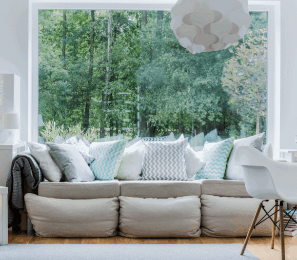Modern living room with garden view.