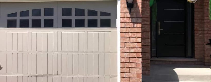 Garage door and front entrance brick house.