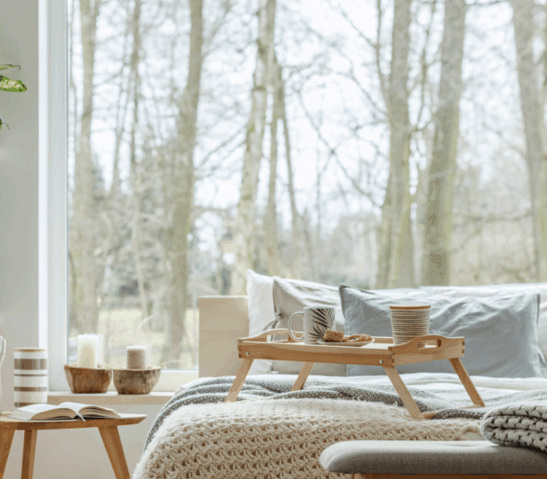 Cozy bedroom with breakfast tray
