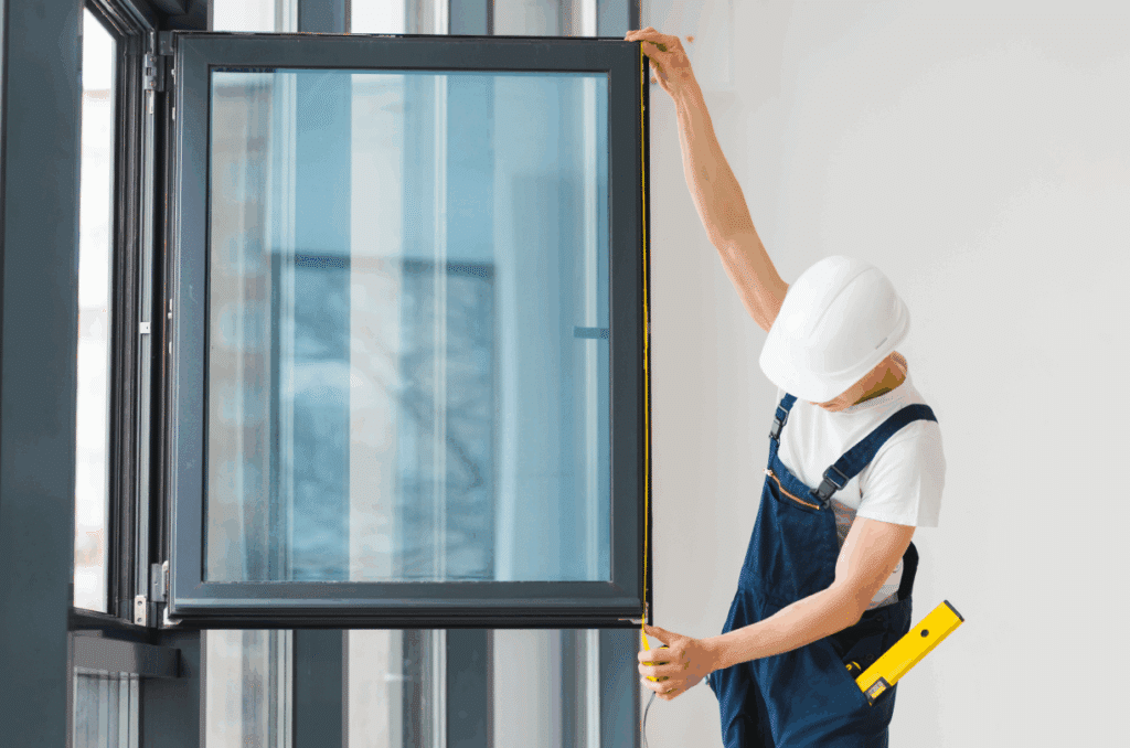 Worker measuring window frame
