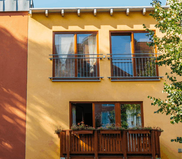 Colorful house facade with balcony