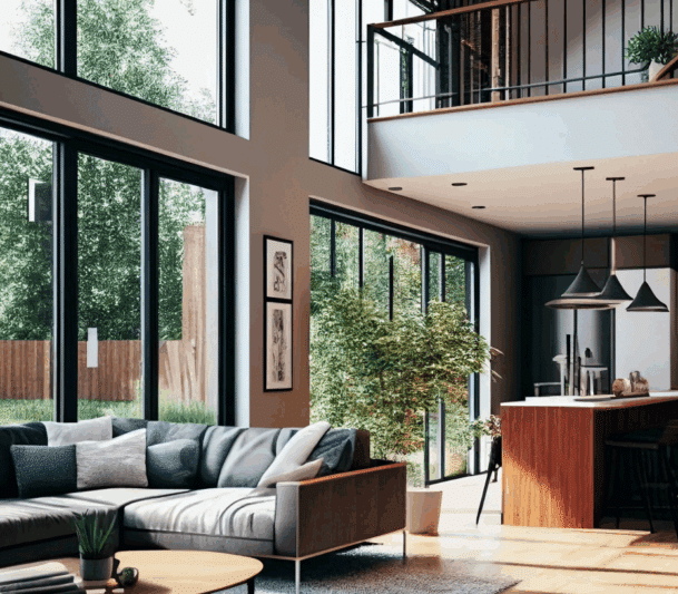 Modern open living room and kitchen.