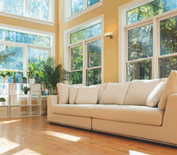 Bright living room with beige sofa.