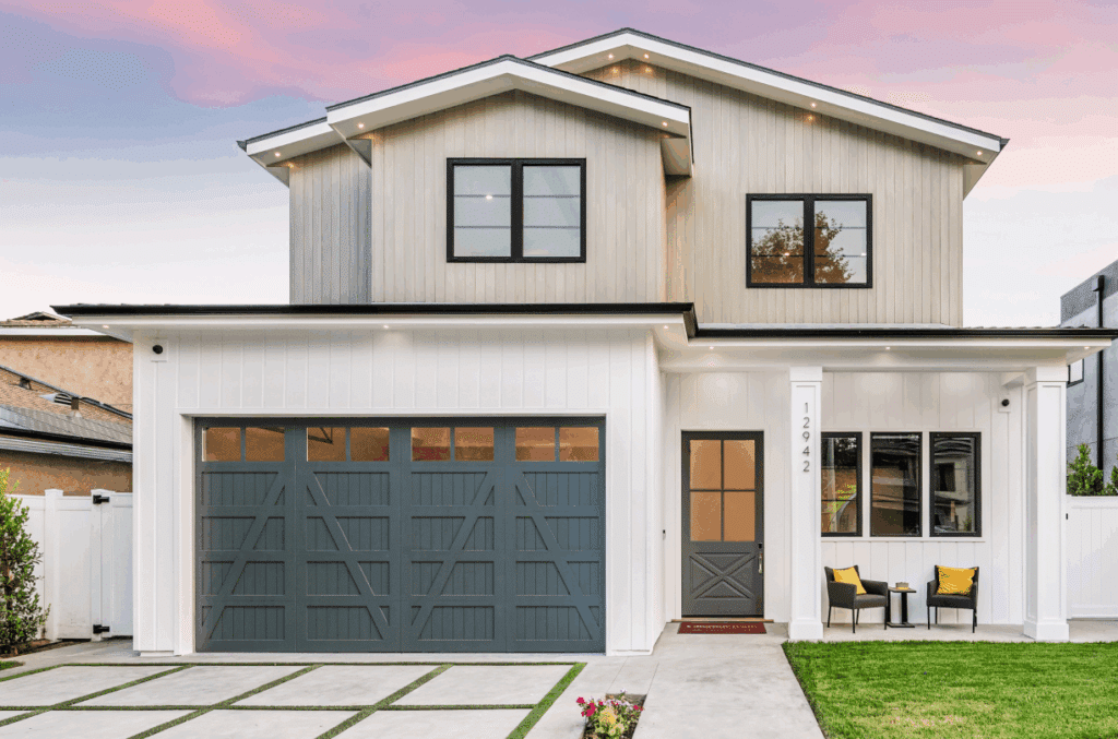 Front view of modern suburban house.