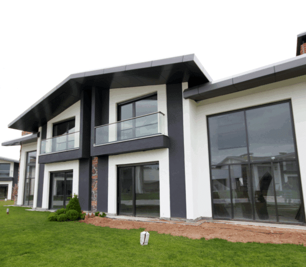 Modern house with large windows.