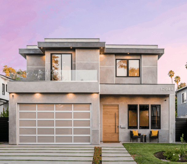 Modern two-story house at sunset