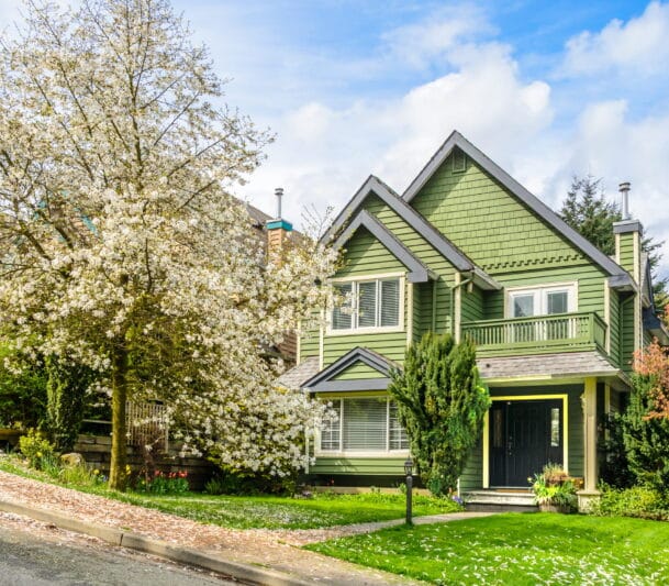 Green house with blossoming tree.