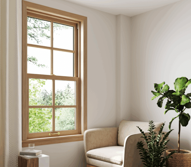 Cozy corner with window and plants.