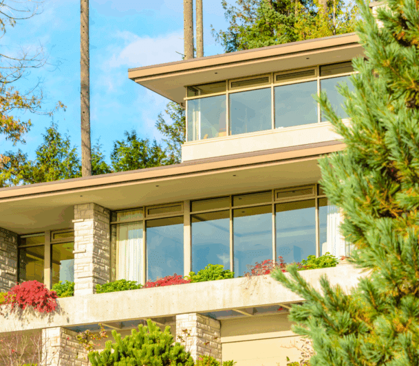 Modern home with large windows.